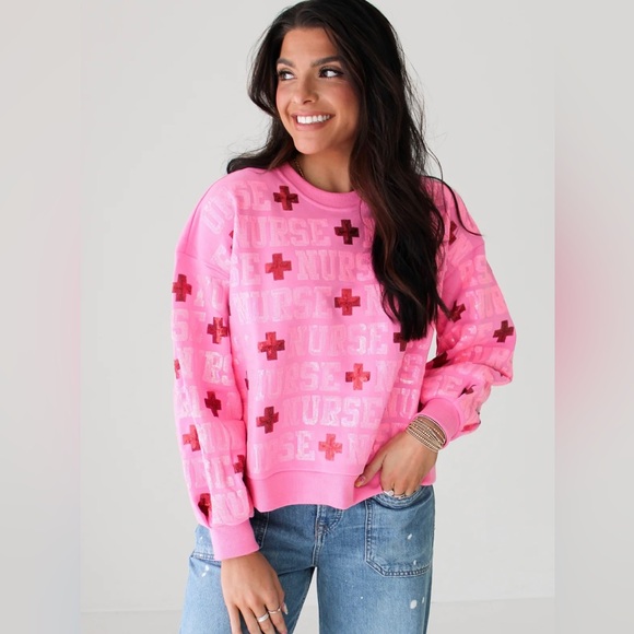 QUEEN OF SPARKLES Pink Sequin NURSE Allover Sweatshirt NWT - Picture 8 of 13